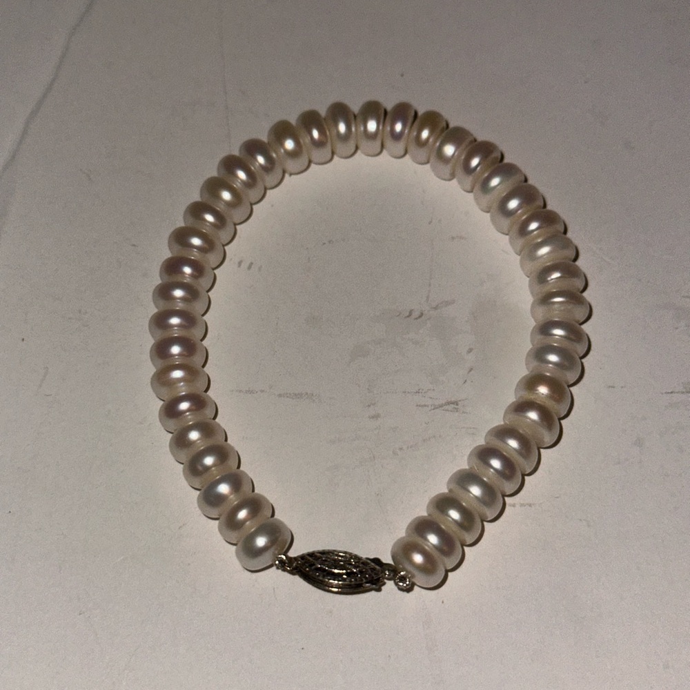 Sterling Silver Genuine Freshwater White Pearl 925 Bracelet